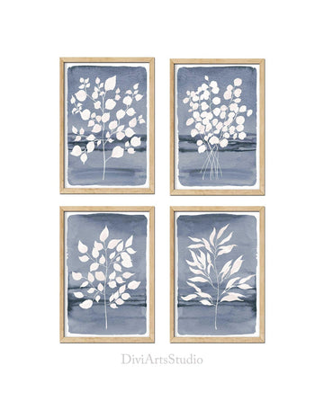 Blue Leaf Wall Art, Prints set of 4 Eucalyptus leaf Print, Watercolor Botanical Leaf Print, Minimalist art, Navy Leaf Decor, Bathroom Prints